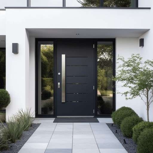 Modern aluminum front entry doors with sleek black frame and contemporary design.