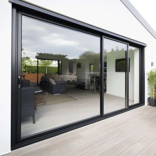 Anthracite patio doors on a white house, featuring large glass panels and sleek modern design