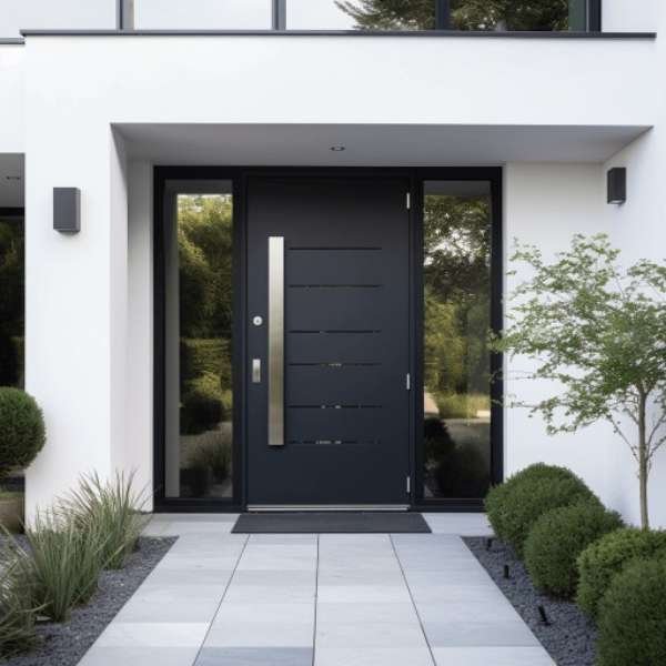 Contemporary front door of a modern white home, featuring a sleek black design with horizontal cutouts and a tall brushed metal handle. Flanked by narrow aluminum-framed side windows, the entrance is surrounded by minimalist landscaping with manicured shrubs, ornamental grasses, and clean grey stone tiles leading to the doorway.
