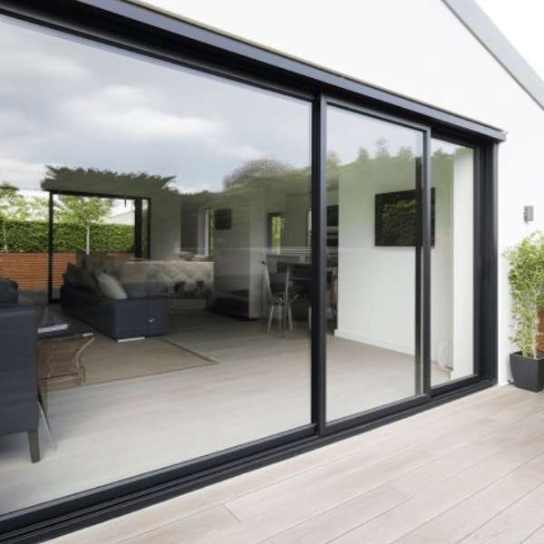 Stylish modern patio door with black aluminum framing, seamlessly integrated into the minimalist architecture of a white two-story home. The large sliding glass panels offer an expansive view of the outdoor space, reflecting the warm sunset sky and connecting the sleek indoor living area with the landscaped patio path bordered by sculpted shrubs. in etobicoke