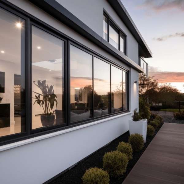 Modern two-story home exterior at sunset, featuring large black-framed european windows that reflect the colorful sky. A sleek wooden pathway runs alongside neatly manicured shrubs and tall white planters, highlighting the home's minimalist landscaping and contemporary architecture.