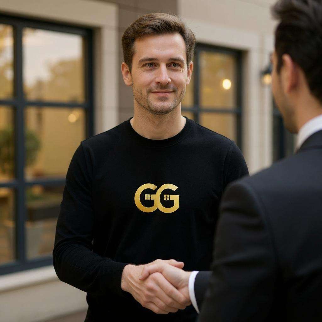 guy shaking a hand with cutomer wearing a tshirt GG windows and doors