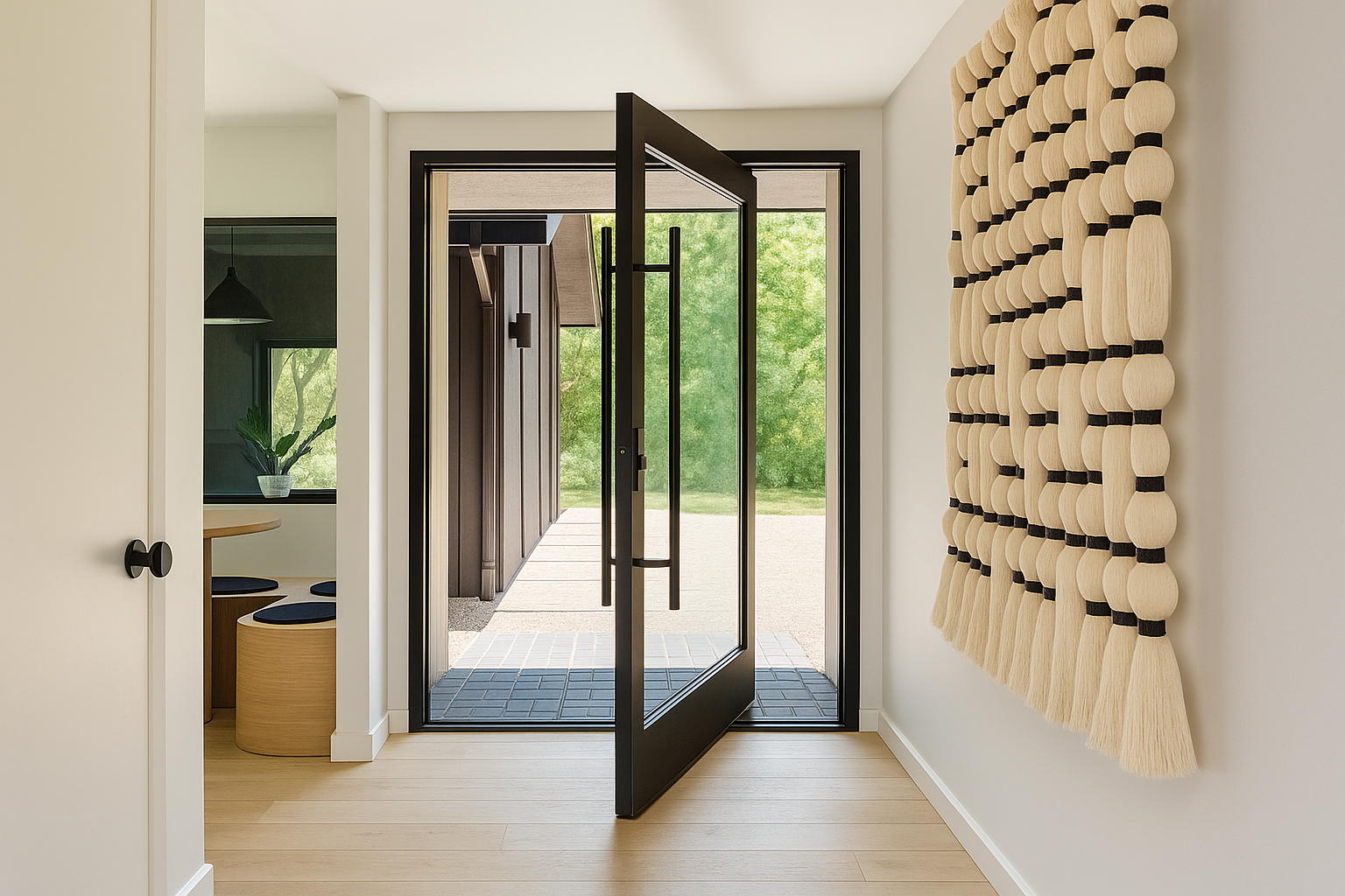 Modern home entrance with a black-framed glass pivot door, light wood flooring, and a decorative wall hanging featuring woven neutral-toned elements. A glimpse of the outdoors and a cozy room with modern furniture is visible.