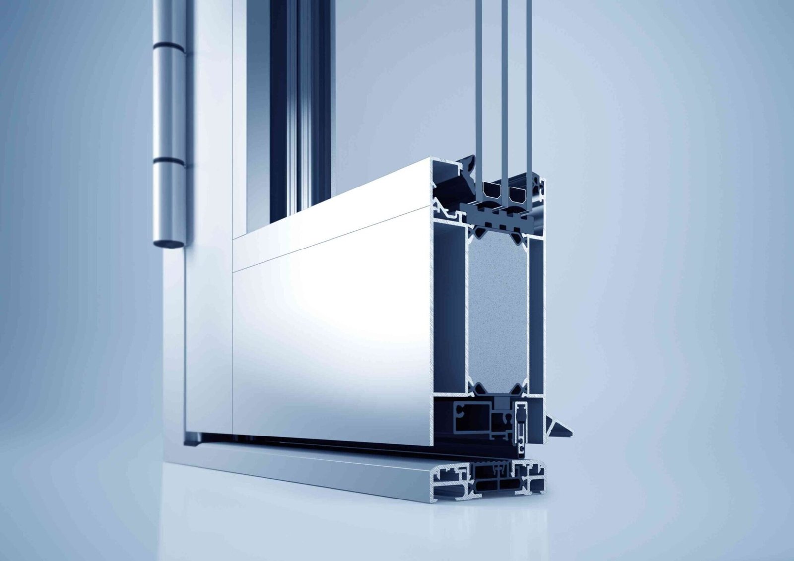 Close-up cross-section of a modern aluminum door frame with triple-glazed glass, showing detailed insulation layers and hinge mechanism, set against a light blue gradient background.