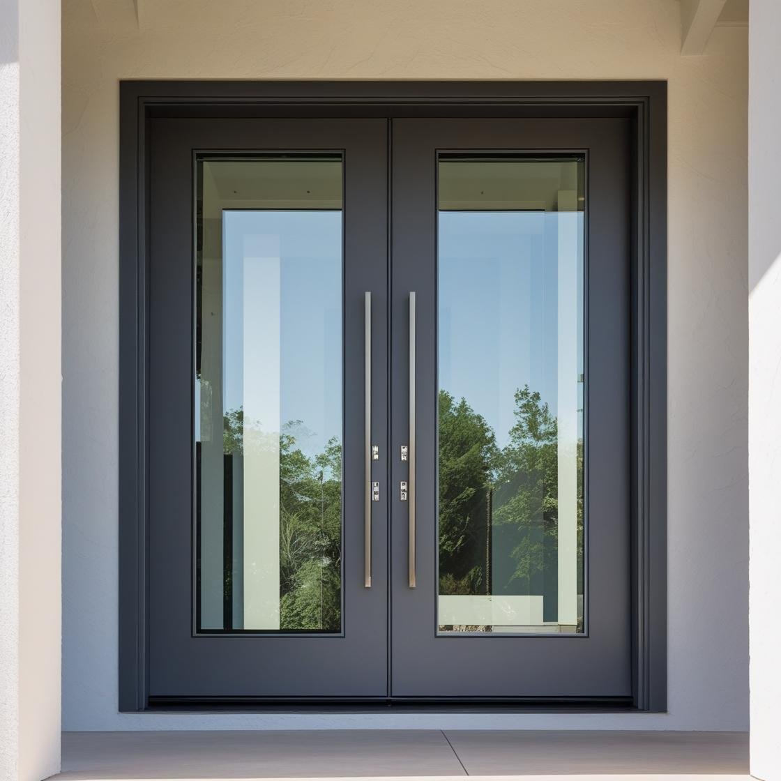 Modern double front doors with a sleek dark gray aluminum finish, frosted glass panels, and vertical sidelights, forming a contemporary entry system design.