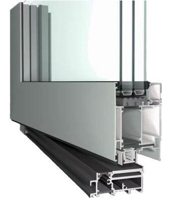 Cross-sectional view of a modern aluminum front door frame with triple-pane glass and thermal insulation features.