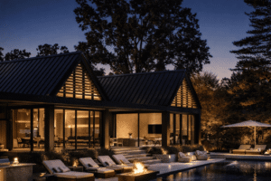 A modern home in Ontario with expansive European tilt-and-turn aluminum windows, featuring clean white framing, natural wood accents, and floor-to-ceiling glass integrated into a minimalist architectural design.